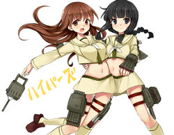  2girls arm_around_waist bad_id bad_pixiv_id braid brown_eyes brown_hair crop_top hukasikasi kantai_collection kitakami_(kancolle) kitakami_kai_ni_(kancolle) long_hair midriff multiple_girls navel ooi_(kancolle) ooi_kai_ni_(kancolle) open_mouth school_uniform serafuku skirt translated 