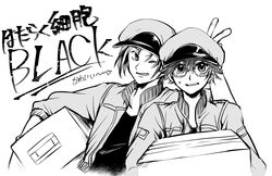  2boys aa-2153 ac-1677 cabbie_hat carrying carrying_under_arm commentary_request copyright_name glasses greyscale hat hataraku_saibou hataraku_saibou_black heart jacket juugatsu_porte looking_at_viewer male_focus monochrome multiple_boys red_blood_cell_(hataraku_saibou) simple_background smile sweatdrop v white_background 