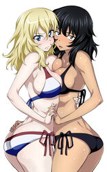  2girls andou_(girls_und_panzer) ass asymmetrical_docking bare_shoulders bikini black_bikini black_hair blonde_hair blue_eyes blush breast_press breasts brown_eyes butt_crack cleavage collarbone commentary_request cowboy_shot dark-skinned_female dark_skin dutch_flag dutch_flag_bikini dutch_flag_print flag_print france frown girls_und_panzer hair_between_eyes hand_on_another&#039;s_hip highres holding_hands interlocked_fingers large_breasts looking_at_viewer medium_hair multiple_girls nakahira_guy open_mouth oshida_(girls_und_panzer) print_bikini shiny_skin side-tie_bikini_bottom simple_background sweat swimsuit white_background 