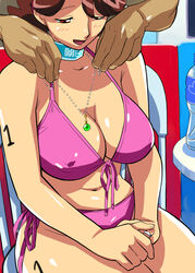  1boy bikini blush body_writing breasts brown_eyes brown_hair choker cirima cleavage collar female hands_on_lap harukaze_haruka jewelry large_breasts looking_down necklace ojamajo_doremi pink_bikini ring short_hair sitting solo_focus swimsuit volvox wedding_ring 