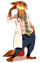  2016 anthro artrockt barefoot biped canid canine claws clothed clothing cosplay dipstick_ears dipstick_tail disney doctor ear_markings eyewear feet fox glasses gloves_(marking) green_eyes hand_in_pocket leg_markings male mammal markings medical_instrument multicolored_ears multicolored_tail necktie nick_wilde pockets red_fox scientific_instrument simple_background socks_(marking) solo standing stethoscope tail tail_markings toe_claws true_fox white_background zootopia 