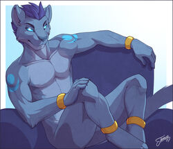  anklet anthro athletic athletic_anthro athletic_male azur biped blue_body blue_eyes blue_fur blue_hair blue_nose blue_sclera bracelet convenient_censorship felid feralise fur glowing glowing_eyes hair jewelry looking_at_viewer male mammal nude purple_hair short_hair signature sitting solo 