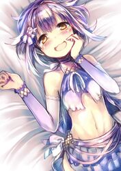  :3 :d bad_id bad_pixiv_id bed_sheet blush crop_top detached_sleeves en@rain female hair_ornament hand_on_own_face looking_at_viewer lying midriff navel on_back open_mouth original purple_hair short_hair smile solo yellow_eyes 