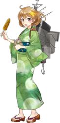  book brown_eyes brown_hair corn corn_cob crab crab_on_shoulder drew_(drew213g) female flower full_body geta green_kimono grilled_corn japanese_clothes kantai_collection kimono machinery oboro_(kancolle) official_art sandals solo transparent_background yukata 