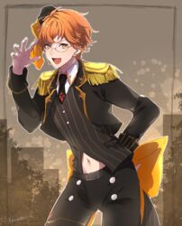  1boy absurdres black_necktie commentary_request cowboy_shot epaulettes glasses hand_on_own_hip highres juuouin_kakeru king_of_prism king_of_prism_by_prettyrhythm leaning_forward male_focus navel necktie orange_hair pachinnn pretty_rhythm pretty_series smile solo twitter_username waistcoat yellow_eyes 