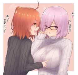  2girls :d ^^^ ahoge alternate_costume bad_id bad_pixiv_id black-framed_eyewear black_sweater blush breast_poke breasts commentary embarrassed eyes_visible_through_hair fate/grand_order fate_(series) flying_sweatdrops fujimaru_ritsuka_(female) glasses hair_over_one_eye hand_up heart highres large_breasts long_sleeves looking_away looking_down mash_kyrielight meme multiple_girls nipple_guessing_game_(meme) open_mouth orange_eyes orange_hair pink_background pink_hair poking profile purple_eyes ramchi ribbed_sweater short_hair side_ponytail sideways_mouth simple_background sleeves_past_wrists smile sweater teeth translated turtleneck turtleneck_sweater upper_body upper_teeth_only white_sweater yuri 