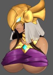  absurdres azir black_hair breasts commentary covered_eyes dark-skinned_female dark_skin english_commentary female gem genderswap_(mtf) gorget grey_background helmet highres huge_breasts league_of_legends long_hair looking_at_viewer ohkuu rule_63 solo underboob upper_body veil 