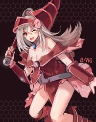  ;d alternate_color bad_id bad_pixiv_id blush boots breasts brown_background brown_footwear choker cleavage collarbone dark_magician_girl dress duel_monster female floating_hair helmet highres holding holding_staff lanlanlu_(809930257) long_hair medium_breasts off-shoulder_dress off_shoulder one_eye_closed open_mouth pelvic_curtain player_2 red_dress red_eyes shiny_skin showgirl_skirt sleeveless sleeveless_dress smile solo staff very_long_hair white_hair yu-gi-oh! 