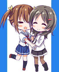  2girls abe_kanari black_hair black_skirt blue_eyes blue_skirt blush_stickers brown_hair chibi china_moeka closed_eyes commentary_request high_school_fleet hug long_hair military military_uniform misaki_akeno multiple_girls neckerchief pantyhose photoshop_(medium) pleated_skirt red_neckerchief sailor_collar school_uniform serafuku short_hair short_sleeves skirt twintails uniform white_sailor_collar yokosuka_girls_marine_high_school_uniform 