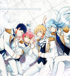  4boys ;) ahoge ascot blonde_hair blue_hair bow bowtie braid commentary_request ensemble_stars! epaulettes feathers fine_(ensemble_stars!) formal fushimi_yuzuru green_eyes hat hibiki_wataru highres himemiya_tori hug isago_(ica) long_hair looking_at_viewer male_focus mini_hat mini_top_hat mole mole_under_eye multiple_boys one_eye_closed parted_lips pink_hair purple_eyes purple_hair short_hair sidelocks smile staff_(music) suit tenshouin_eichi tile_floor tiles top_hat traditional_bowtie vest waist_hug waistcoat white_suit 