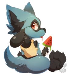  2017 3_toes ambiguous_gender anthro blue_body blue_fur canid canine conditional_dnp daww feet food fruit fur generation_4_pokemon looking_at_viewer lucario mammal melon nintendo plant pokemon pokemon_(species) popsicle red_eyes simple_background sitting solo toes tongue watermelon watermelon_popsicle watermelon_slice xnirox 