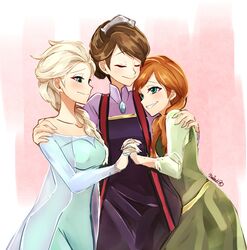  3girls affectionate anna_(frozen) artist_name bad_id bad_pixiv_id braid elsa_(frozen) family frozen_(disney) girl_sandwich group_hug happy highres hug idunn_(frozen) interlocked_fingers maianh mother_and_daughter motherly multiple_girls sandwiched siblings sisters tearing_up 