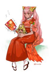  bad_id bad_twitter_id character_doll commentary_request dark-skinned_female dark_skin female fire_emblem fire_emblem_heroes flower full_body hagoita hair_ornament highres japanese_clothes kimono laevatein_(fire_emblem) laevatein_(new_year)_(fire_emblem) long_hair paddle pink_hair sandals short_sleeves simple_background sitting solo surtr_(fire_emblem) tabi tnmrdgr twintails twitter_username white_background 