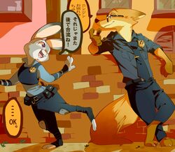  2016 anthro artrockt badge barefoot belt brick_wall buckteeth bulletproof_vest canid canine claws clothed clothing dipstick_ears disney duo ear_markings eyewear feet female fox green_eyes japanese_text judy_hopps lagomorph leaning leporid male mammal multicolored_ears necktie nick_wilde open_mouth open_smile outside police police_uniform purple_eyes rabbit red_fox smile speech_bubble standing sunglasses teeth text toe_claws translated true_fox uniform utility_belt wall_(structure) zootopia 