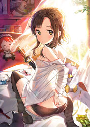  adjusting_clothes adjusting_panties alarm_clock bad_id bad_pixiv_id bare_shoulders bed bedroom black_cat black_hair black_panties black_thighhighs book bookshelf breasts brown_hair cable character_doll clock closed_mouth curtains digital_media_player eyebrows feline female from_behind hair_brush indoors katana lace lace_panties leaf light_particles long_sleeves looking_at_viewer looking_back looking_to_the_side medium_breasts mole mole_under_eye no_pants no_shoes off_shoulder on_bed panties photo_(object) photoshop_(medium) plant popuru see-through see-through_silhouette shade sheath shirt short_hair short_hair_with_long_locks sidelocks signature sita_vilosa sitting soles solo sparkle stuffed_animal stuffed_penguin stuffed_toy sword sword_girls thighhigh_dangle thighhighs transparent underwear unsheathing unworn_clothes wall wariza weapon white_shirt wind window yellow_eyes 