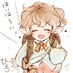  :d androgynous backpack bag blush brown_hair closed_eyes commentary_request compass female from_above granblue_fantasy harvin homuyama_nekonosuke long_sleeves lowres open_mouth orange_ribbon pointy_ears ribbon scroll short_hair shorts sierokarte simple_background sleeves_past_wrists smile solo star_(symbol) white_background 