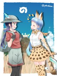  2girls :d ^_^ alternate_costume animal_ears backpack bag black_gloves black_hair black_pantyhose blue_hair bow bowtie closed_eyes commentary_request cosplay elbow_gloves gloves gradient_hair green_eyes hair_ribbon hat helmet holding_strap kaban_(kemono_friends) kaban_(kemono_friends)_(cosplay) kantai_collection kemono_friends kemonomimi_mode long_hair low_twintails multicolored_hair multiple_girls open_mouth orange_bow orange_bowtie outdoors pantyhose pith_helmet print_bow print_bowtie ribbon samidare_(kancolle) savannah serval_(kemono_friends) serval_(kemono_friends)_(cosplay) serval_print shorts smile suzukaze_(kancolle) tail thighhighs twintails two-tone_bowtie white_bow white_bowtie yokoshima_(euphoria) zettai_ryouiki 