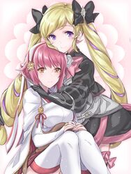  2girls aiueo1234853 bad_id bad_twitter_id black_bow black_gloves blonde_hair bow brown_eyes closed_mouth commentary dress earrings elise_(fire_emblem) fingerless_gloves fire_emblem fire_emblem_fates gloves hairband hairbow highres jewelry long_hair multicolored_hair multiple_girls pink_hair purple_eyes purple_hair sakura_(fire_emblem) short_hair smile thighhighs twintails white_legwear 