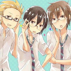  3boys bespectacled black_eyes black_hair blonde_hair brown_hair commentary_request danshi_koukousei_no_nichijou glasses male_focus miso_(mimimiso) multiple_boys necktie school_uniform smile striped striped_necktie tabata_hidenori tadakuni tanaka_yoshitake tongue 