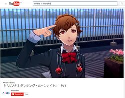  brown_hair commentary derivative_work english_commentary english_text fake_screenshot fake_video female gekkoukan_high_school_uniform hair_ornament hairclip ikeimen official_style parted_lips persona persona_3 persona_3:_dancing_moon_night persona_dancing school_uniform shiomi_kotone short_hair smile youtube 