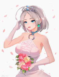  :d ahoge bare_shoulders blue_eyes bouquet breasts collarbone commentary_request dragon_quest dragon_quest_x dress earrings elbow_gloves female flower gloves grey_hair halter_dress halterneck hand_up holding holding_bouquet huge_ahoge jewelry kz_ripo large_breasts leaf o-ring open_mouth parted_bangs petals pink_flower riin_(dq10) short_hair smile solo tiara twitter_username upper_body white_dress white_flower white_gloves 