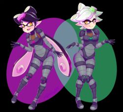  +_+ 2girls aori_(splatoon) black_background black_hair blush body_armor breasts closed_mouth domino_mask earrings fangs full_body glitchynpc gradient_hair green_hair hair_ornament hotaru_(splatoon) jewelry knees_together_feet_apart long_hair mask medium_breasts mole mole_under_eye multicolored_hair multiple_girls nintendo oerba_yun_fang open_mouth pointy_ears short_hair smile splatoon standing tentacle_hair thick_eyebrows tied_hair tongue white_hair yellow_eyes 