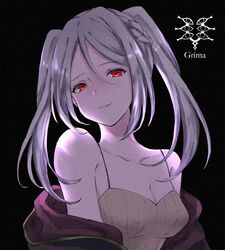  bad_id bad_twitter_id bare_shoulders black_background breasts camisole character_name cleavage commentary female fire_emblem fire_emblem_awakening fire_emblem_heroes grima_(fire_emblem) highres hoshido1214 long_hair red_eyes robin_(female)_(fire_emblem) robin_(fire_emblem) solo twintails upper_body white_hair 