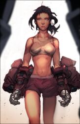  bad_id bad_pixiv_id black_border border breasts commentary_request ddaroll female medium_breasts midriff navel shorts solo the_transformers_(idw) transformers verity_carlo walking western_comics_(style) 