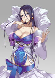  bare_shoulders black_hair blue_eyes blush breasts cleavage closed_mouth collarbone commentary_request cowboy_shot dress earrings female hair_between_eyes highres japanese_clothes jewelry kaguya_(sinoalice) kimono large_breasts long_sleeves looking_at_viewer off-shoulder_dress off_shoulder sinoalice skull smile solo white_dress wide_sleeves yonoki 