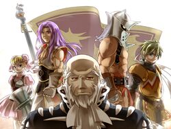  4boys ascot axe bald beard belt blonde_hair blue_eyes brown_gloves bun_cover chrono_cross commentary_request dress facial_hair female flag glenn_(chrono_cross) gloves headband helmet karsh_(chrono_cross) looking_at_viewer marcy_(chrono_cross) multiple_boys muscular pink_dress purple_hair rai_mugi red_eyes topless_male viper_(chrono_cross) weapon white_hair zoah_(chrono_cross) 