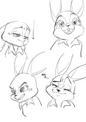  2016 anthro artrockt black_and_white bodily_fluids buckteeth disney expression_sheet female judy_hopps lagomorph leporid mammal monochrome open_mouth open_smile rabbit simple_background smile solo tears teeth white_background zootopia 