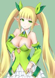  bare_shoulders blonde_hair breasts chestnut_mouth cleavage commentary_request detached_collar detached_sleeves elf female green_background green_eyes hair_ribbon large_breasts looking_at_viewer pointy_ears ribbon sennen_sensou_aigis solo spica_(sennen_sensou_aigis) tsuseki twintails upper_body 