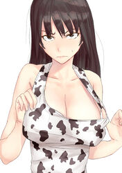  animal_print bare_arms bare_shoulders blush breasts cleavage closed_mouth collarbone commentary_request copyright_request cow_print eyebrows_hidden_by_hair female furrowed_brow hands_up lips long_hair looking_at_viewer loose_hair_strand messy_hair no_bra nose_blush ogros pulling_own_clothes simple_background solo straight_hair strap_gap strap_pull sweatdrop upper_body white_background 