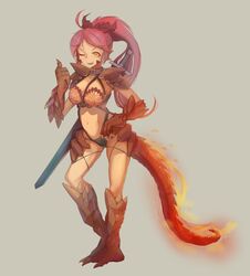  ;d animal_hands armor claws collar contrapposto dark-skinned_female dark_skin facial_mark fangs faulds female fiery_tail godsh0t grey_background hand_on_own_hip highres lizard_tail long_hair looking_at_viewer monster_girl monster_girl_encyclopedia monster_girl_saga navel one_eye_closed open_mouth paint.net_(medium) pauldrons ponytail red_hair rose_(monster_girl_saga) salamander_(monster_girl_encyclopedia) sheath sheathed shoulder_armor simple_background smile solo standing stomach sword sword_behind_back tail teeth thumbs_up v-shaped_eyebrows weapon yellow_eyes 