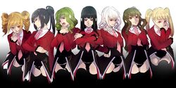  6+girls :q asmodeus_(umineko) beelzebub_(umineko) belphegor_(umineko) black_hair blonde_hair brown_hair commentary_request crossed_arms drill_hair green_hair hand_on_own_hip leotard leviathan_(umineko) lucifer_(umineko) mammon_(umineko) multiple_girls necktie open_mouth ponytail red_eyes satan_(umineko) showgirl_skirt smile sofy stakes_of_purgatory tongue tongue_out twin_drills twintails umineko_no_naku_koro_ni white_hair 