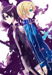  2boys back-to-back black_eyes black_hair blonde_hair commentary_request eugeo green_eyes highres jianmo_sl kirito male_focus multiple_boys sword sword_art_online weapon 