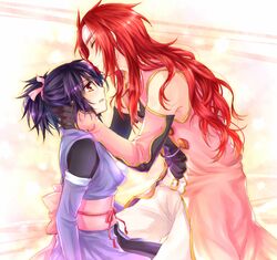  1boy bad_id bad_pixiv_id black_hair brown_eyes closed_eyes coat couple female fujibayashi_sheena gloves headband high_ponytail kissing kissing_forehead long_hair lowres pants ponytail red_hair short_hair straight tales_of_(series) tales_of_symphonia yuuna_minato zelos_wilder 