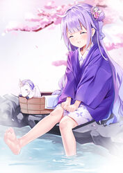  ahoge alternate_costume azur_lane bad_id bad_pixiv_id bare_legs barefoot blush closed_eyes commentary_request feet female hair_bun highres jiushi_shijiu long_hair one_side_up photoshop_(medium) purple_hair single_hair_bun single_side_bun sitting smile soles stuffed_animal stuffed_toy stuffed_unicorn stuffed_winged_unicorn toes unicorn_(azur_lane) 