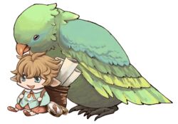  :d androgynous animal backpack bad_id bad_pixiv_id bag bird blue_eyes brown_footwear chibi compass female granblue_fantasy hair_between_eyes harvin light_brown_hair long_sleeves nekoyama_rumisuke open_mouth orange_ribbon oversized_animal parrot pointy_ears ribbon scroll shoes short_hair shorts sierokarte simple_background sitting smile solo white_background 