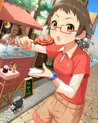  2boys 2girls artist_request beard blonde_hair brown_eyes brown_hair facial_hair feline flower food german_text germany glasses grin idolmaster idolmaster_cinderella_girls ketchup kitagawa_mahiro lolicon multiple_boys multiple_girls mustard napkin official_art orange-framed_eyewear pun sausage short_hair sidewalk sign smile sparkle translated watch 