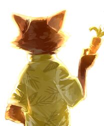  2016 aloha_shirt anthro artrockt backlighting biped brown_body brown_fur canid canine carrot carrot_pen clothed clothing disney food fox fur holding_carrot holding_food holding_object holding_vegetable light lighting male mammal nick_wilde pattern_clothing pattern_shirt pattern_topwear plant rear_view red_fox shirt simple_background solo standing topwear true_fox vegetable white_background zootopia 