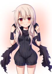  black_scarf blonde_hair blush breasts commentary cosplay cowboy_shot eyes_visible_through_hair fate/kaleid_liner_prisma_illya fate_(series) female hair_between_eyes hassan_of_the_cursed_arm_(fate) hassan_of_the_cursed_arm_(fate)_(cosplay) highres hood hood_down illyasviel_von_einzbern long_hair looking_at_viewer low_twintails morokoshi_(tekku) red_eyes scarf simple_background small_breasts smile solo twintails 