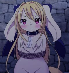  blonde_hair bound canine collar female furry kemoribon long_hair price_tag purple_eyes rope solo 