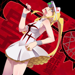  ball blonde_hair blue_eyes commentary_request female grin hakodate_omiko hayashi_custom kill_la_kill long_hair photoshop_(medium) profile racket school_uniform scope sharp_teeth sleeveless smile solo teeth tennis_ball tennis_racket tongue tongue_out twintails visor_cap wristband 