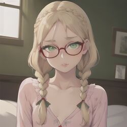  1girls ai_generated blonde_hair blush braid braided_hair brat female flat_chest glasses green_eyes head_tilt looking_at_viewer pyjamas sagging_breasts small_breasts stable_diffusion 