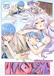  1boy1girl 1girl1boy bare_shoulders blush cute doujinshi elf elf_ears elf_girl embarrassed embrace frieren himmel_(sousou_no_frieren) hug hugging long_hair lying lying_on_back lying_on_bed male_human/female_elf manga_page petite petite_body petite_female sleeping sleeveless_shirt snegovski sousou_no_frieren white_hair wholesome 