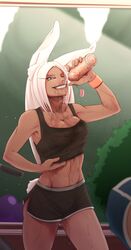  1girls bunny_ears bunny_tail dark-skinned_female dark_skin female female_only green_hair gym_shorts miruko muscular_female my_hero_academia mycrys rumi_usagiyama smile solo sports_bra wet wet_clothing white_hair workout_clothes 