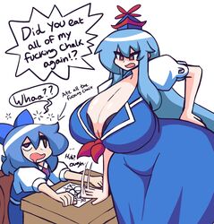  2girls angry blue_dress blue_hair blue_ribbon breasts chair cirno cleavage confused curvy desk dress eating_chalk english_text female_focus gensin gigantic_breasts hair_ribbon hat heterochromia highres kamishirasawa_keine keine_kamishirasawa leaning_forward long_hair mature_female meme milf mind_break multiple_girls older_female older_woman_and_teenage_girl paper ribbon short_hair sitting skirt standing thick_thighs thighs touhou white_background wide_hips 