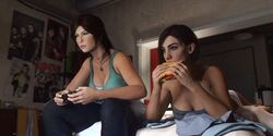  2girls 3d 3d_(artwork) bed bedroom blue_topwear bob_cut capcom cleavage clothed clothed_female clothing console controller crossover denim discarded_clothing eastern_and_western_character eating eating_food female female_only gaming gaming_controller glistening_eyes jeans jill_valentine jill_valentine_(julia_voth) lara_croft lara_croft_(survivor) light-skinned_female lying_on_bed no_pants panties playing_videogame ponytail poster_(object) reflective_eyes resident_evil resident_evil_3 resident_evil_3_remake sandwich sandwich_(food) sitting_on_bed sparkling_eyes tank_top tomb_raider tomb_raider_(survivor) tubetop white_panties word2 