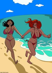  2girls beach bikini breast_expansion breasts cleavage comic curvy expansion female female_only female_with_female huge_breasts original original_character panties sortimid yuri 